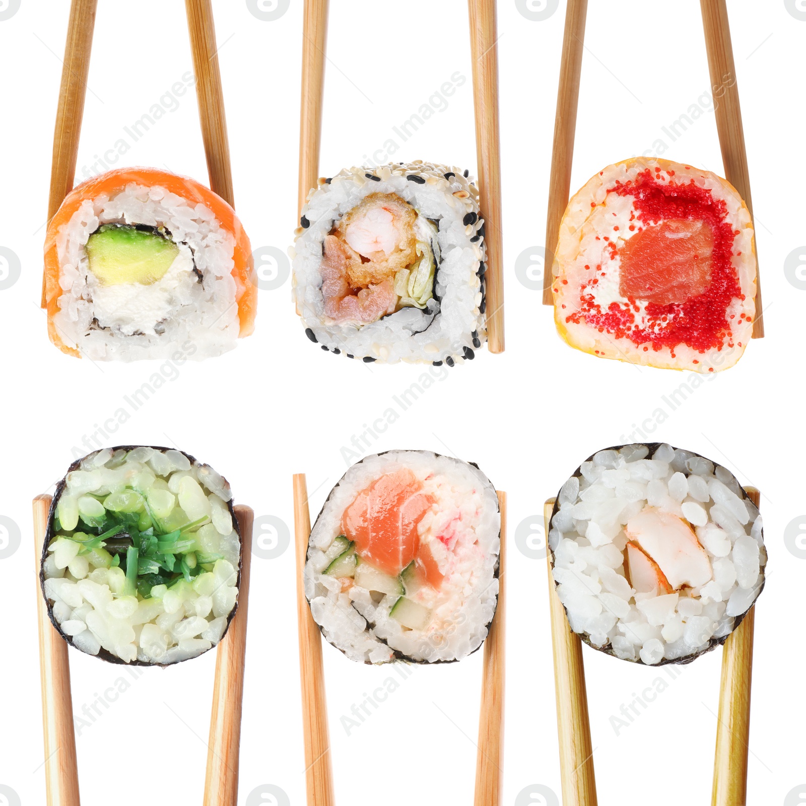 Image of Different sushi isolated on white. Chopsticks with asian food, set