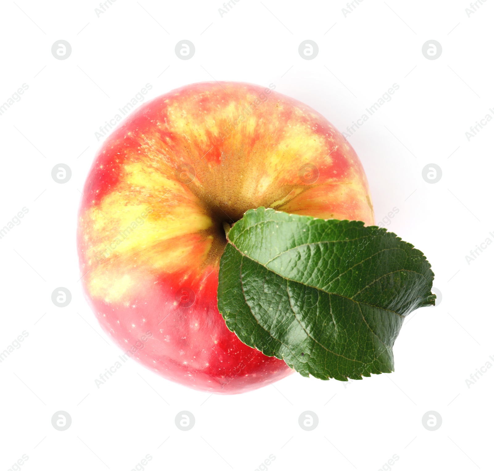 Photo of Juicy red apple with green leaf on white background, top view