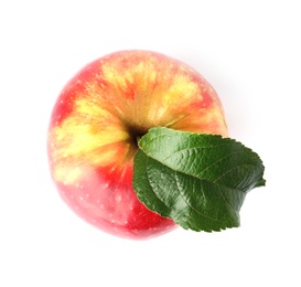 Photo of Juicy red apple with green leaf on white background, top view