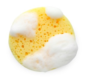 Yellow sponge with foam isolated on white, top view
