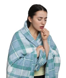 Photo of Young woman wrapped in blanket coughing on white background. Cold symptoms