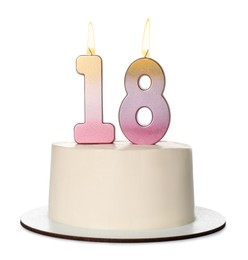 Photo of 18th birthday. Delicious cake with number shaped candles for coming of age party isolated on white