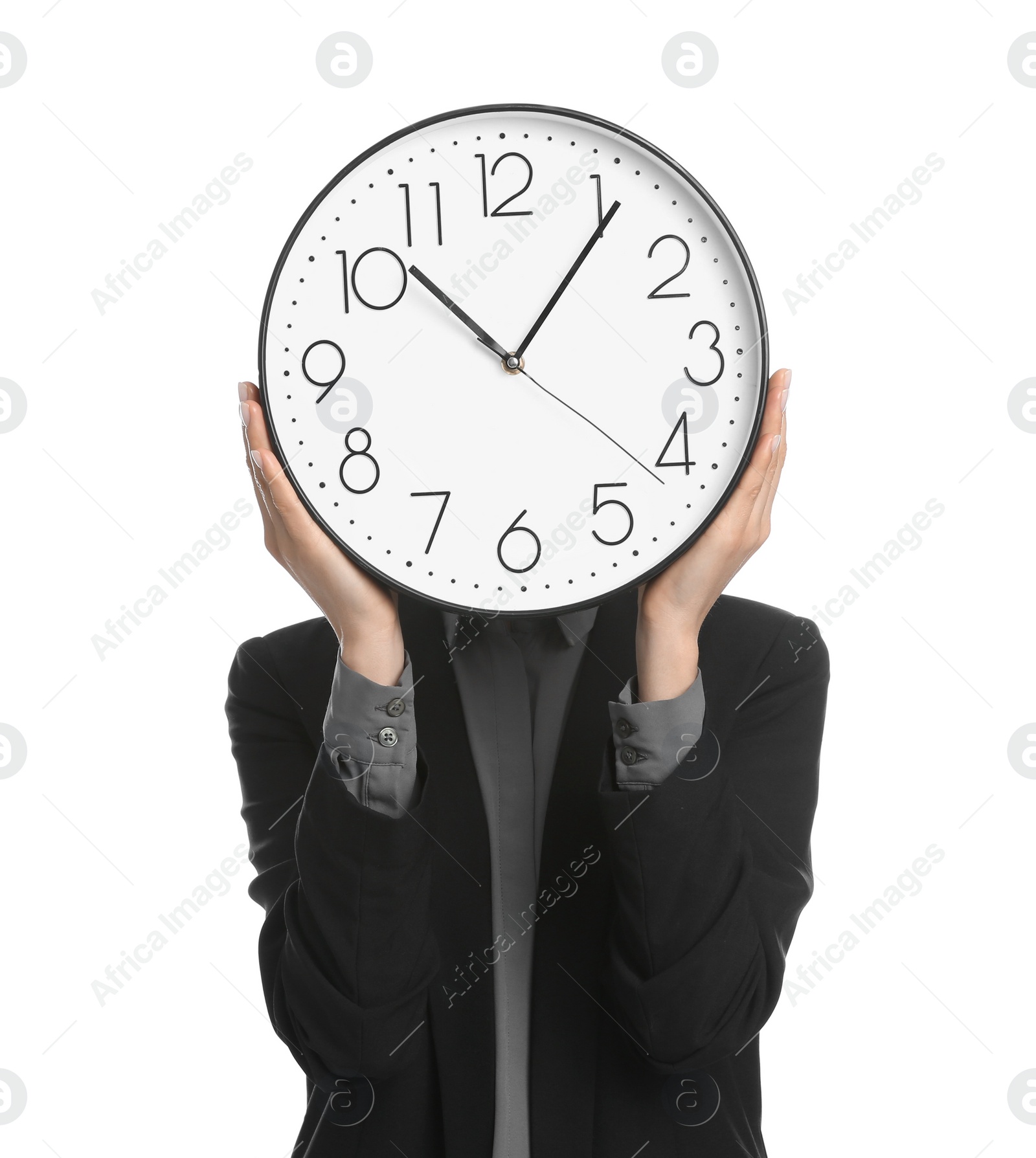 Photo of Businesswoman holding clock on white background. Time management