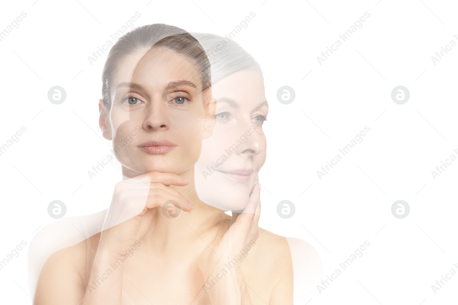 Image of Double exposure of beautiful women on white background