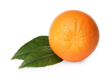 Fresh ripe orange with green leaves on white background