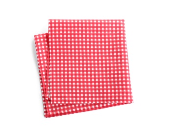 Photo of Folded red checkered tablecloth isolated on white, top view