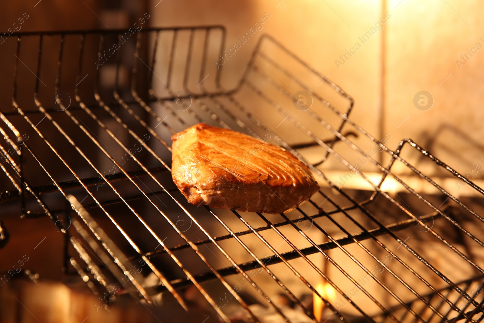 Photo of Grilling basket with tuna in oven, closeup