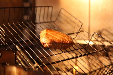Grilling basket with tuna in oven, closeup