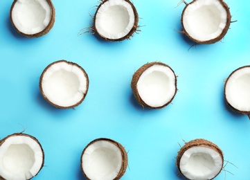 Coconut pattern on color background, flat lay