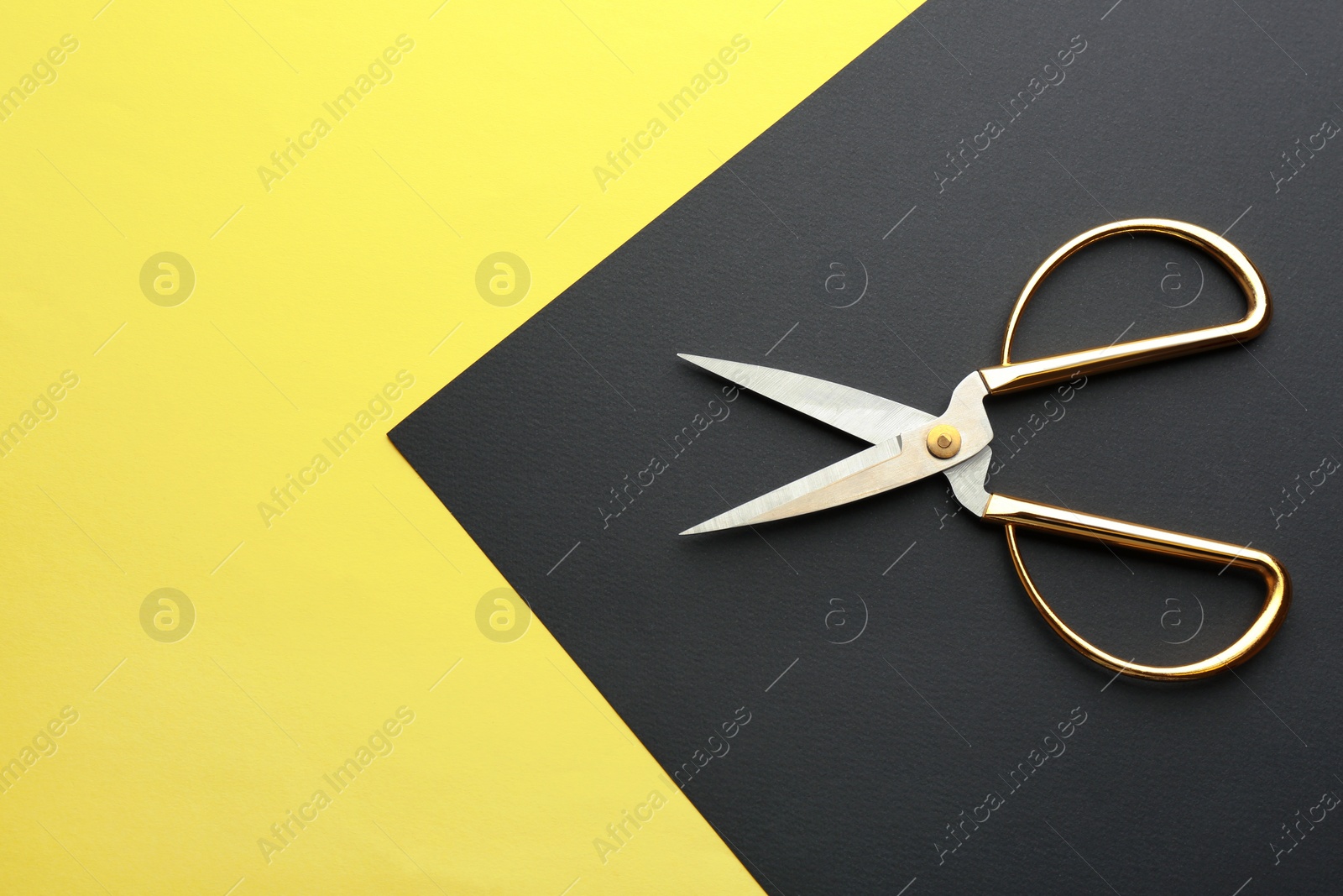 Photo of Pair of sharp scissors on color background, top view. Space for text