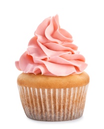 Photo of Delicious cupcake with cream on white background