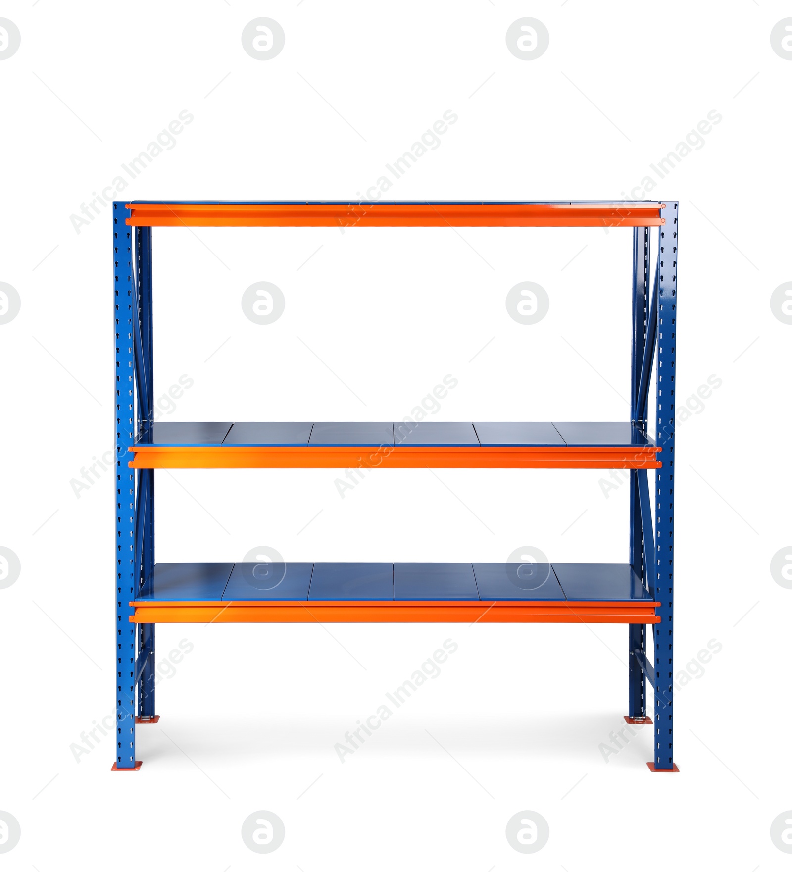 Photo of Empty metal shelving unit isolated on white