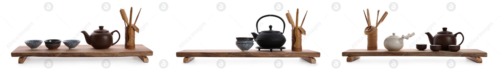 Image of Beautiful sets for traditional tea ceremony on white background, collage. Banner design