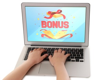 Image of Bonus gaining. Child using laptop on white background, closeup. Illustration of open gift box, word and confetti on device screen