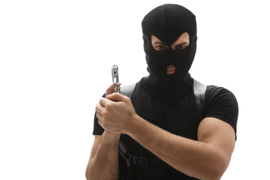 Photo of Professional killer with gun on white background
