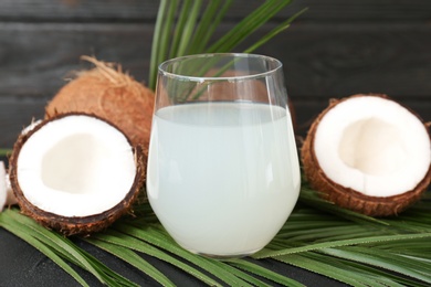 Glass of coconut water on table