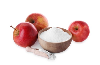 Photo of Bowl, scoop with sweet fructose powder and ripe apples on white background