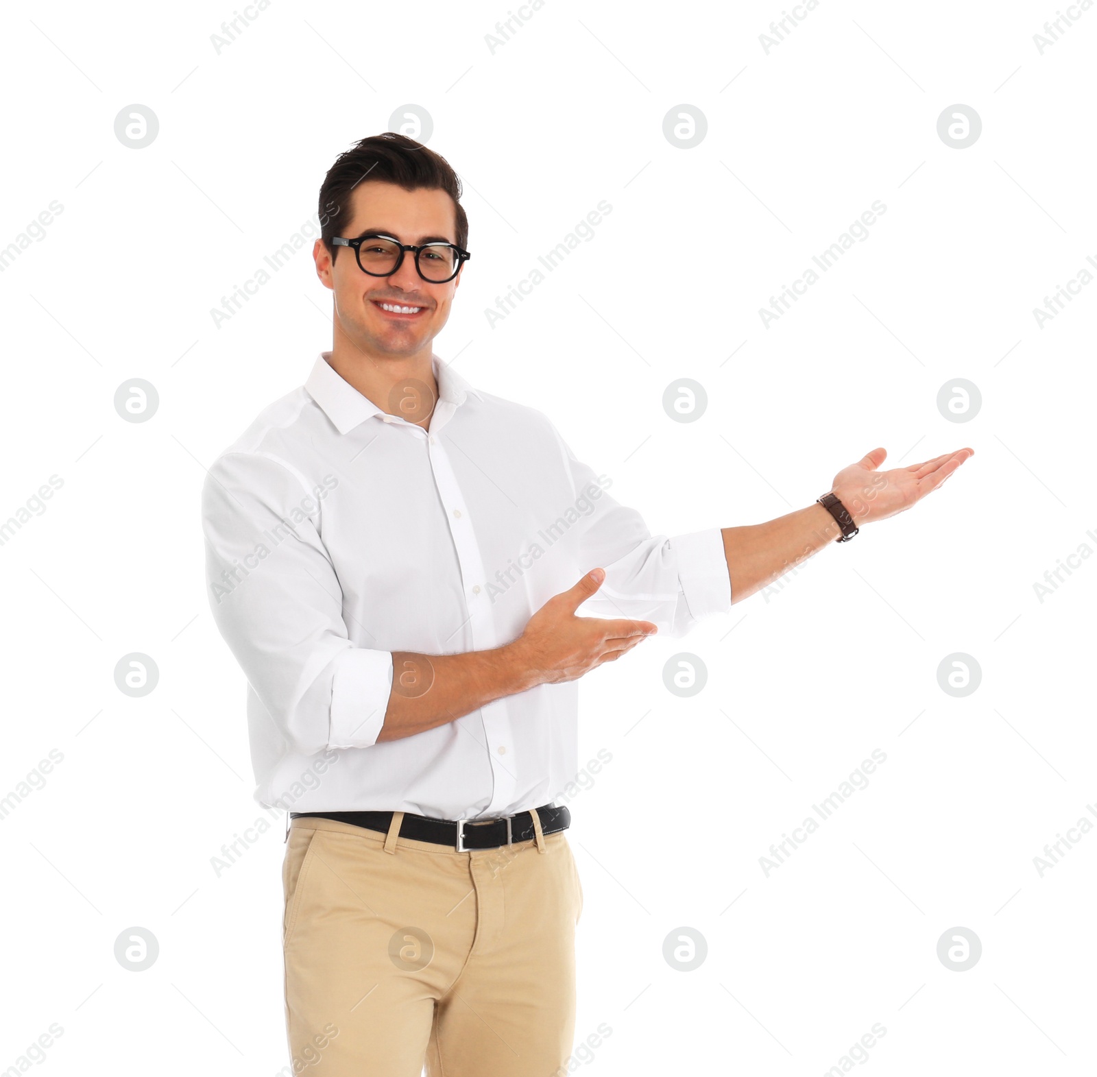 Photo of Professional business trainer pointing on something, white background