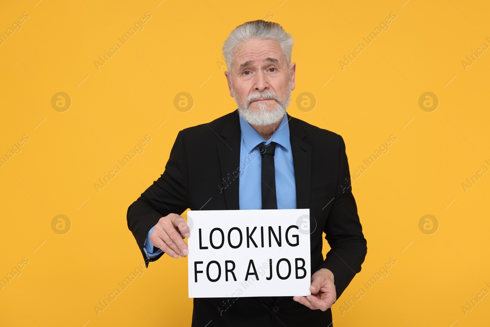 Photo of Unemployed senior man holding cardboard sign with phrase Looking For A Job on yellow background