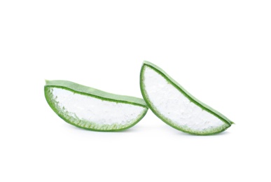 Photo of Aloe vera slices on white background