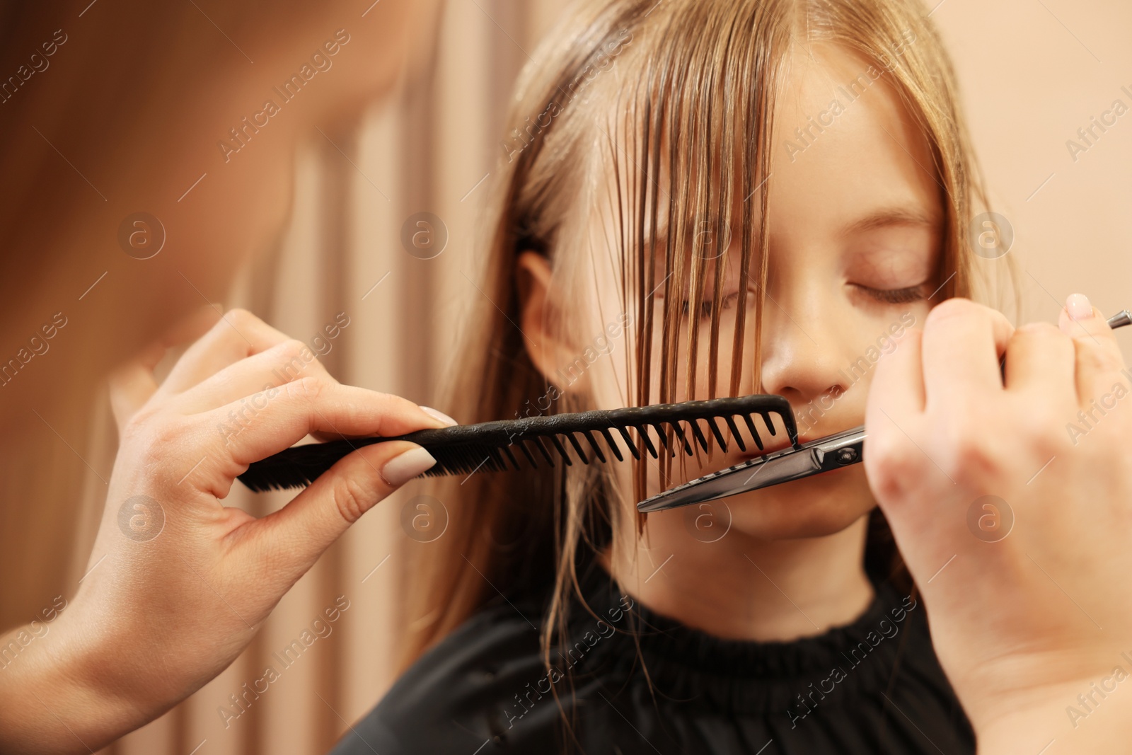 Photo of Professional hairdresser cutting girl's hair in beauty salon, closeup