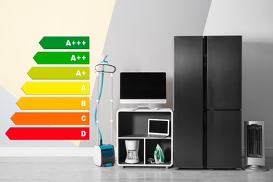 Image of Energy efficiency rating label and different household appliances near color wall indoors