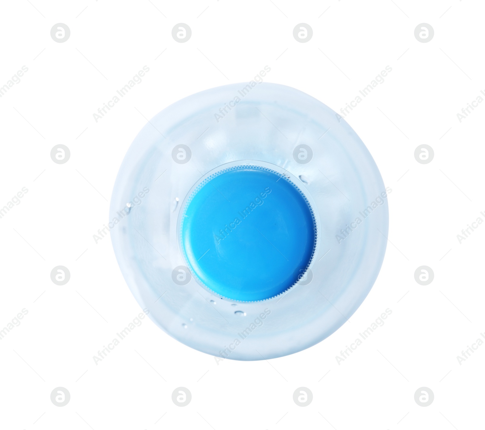 Photo of Empty plastic bottle on white background, top view. Recycling problem