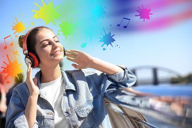 Image of Young woman listening to music with headphones outdoors. Bright notes illustration