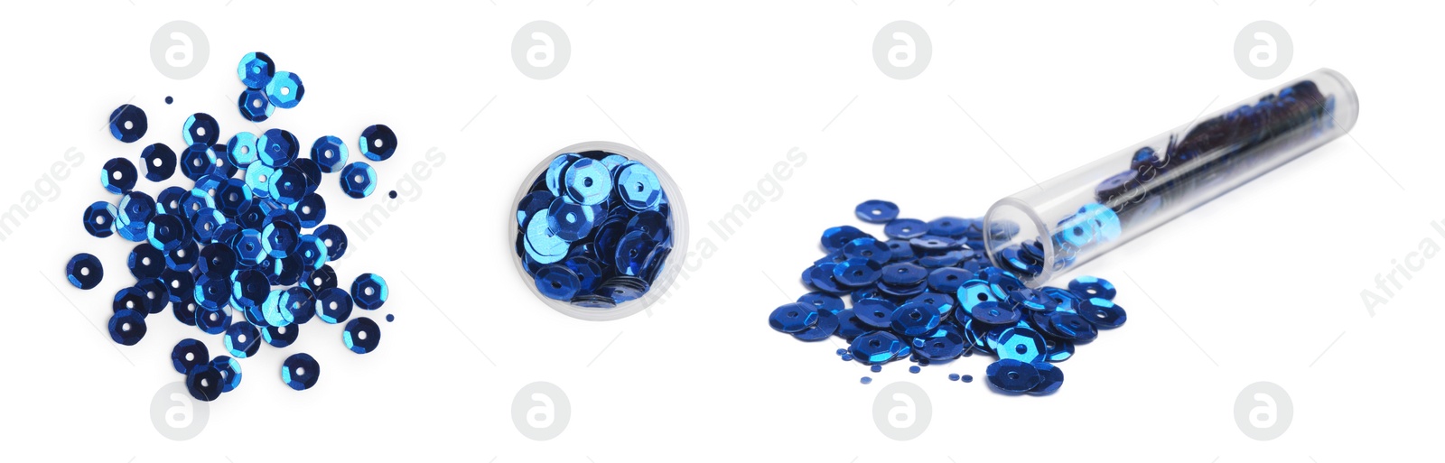 Image of Collage of blue shiny sequins on white background