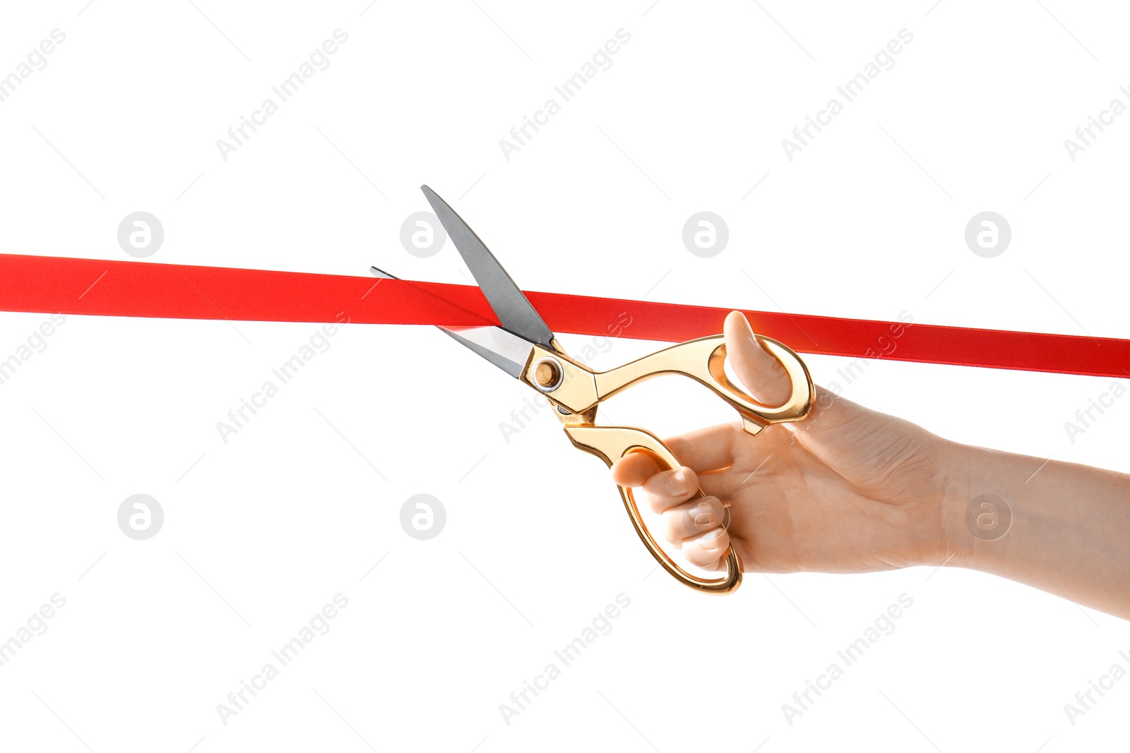 Photo of Woman cutting red ribbon on white background