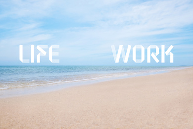 Image of Beautiful view of sandy beach on sunny day. Concept of balance between work and life