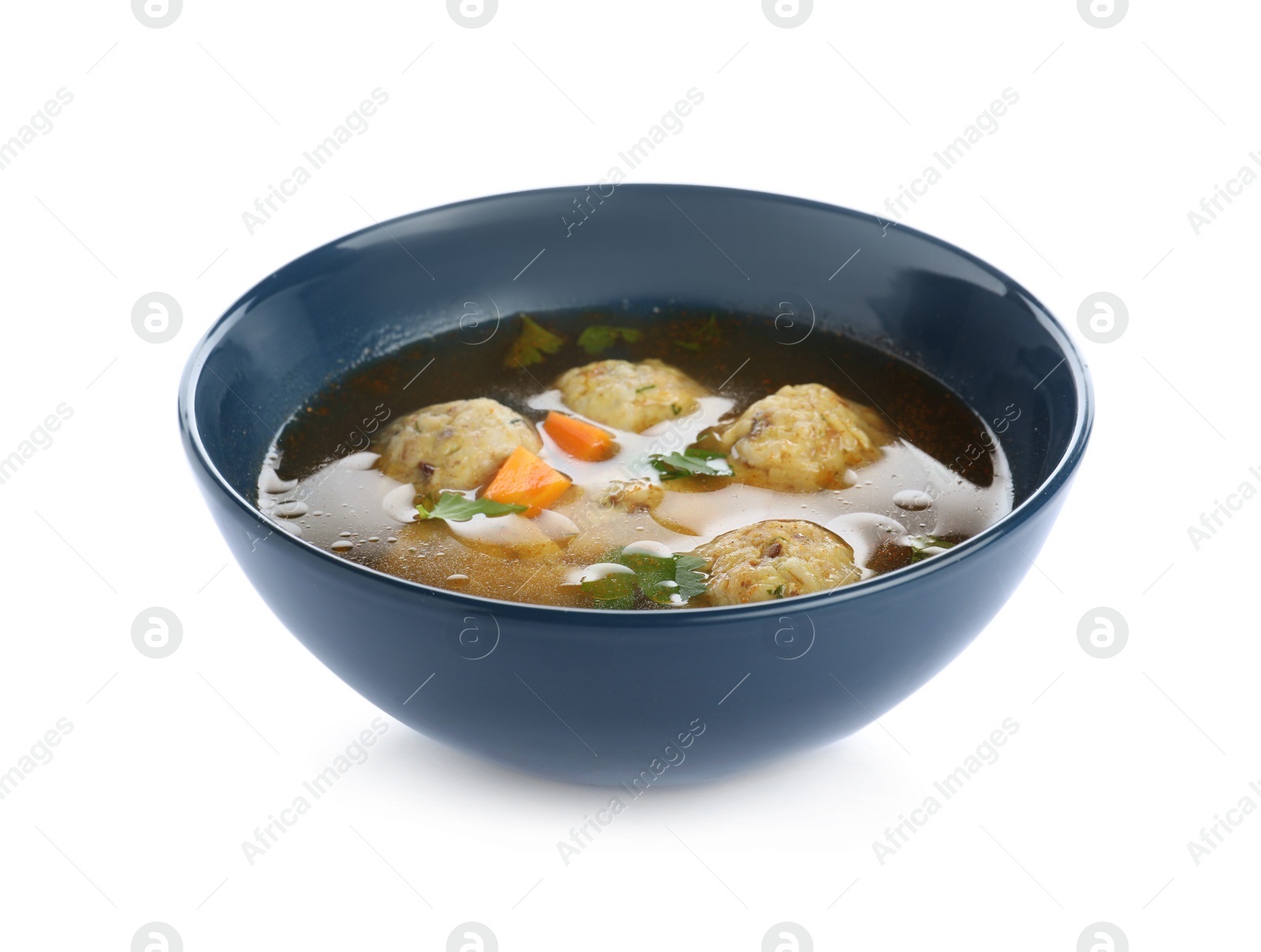 Photo of Bowl of Jewish matzoh balls soup isolated on white