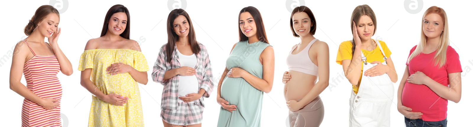 Image of Collage with photos of pregnant women on white background. Banner design