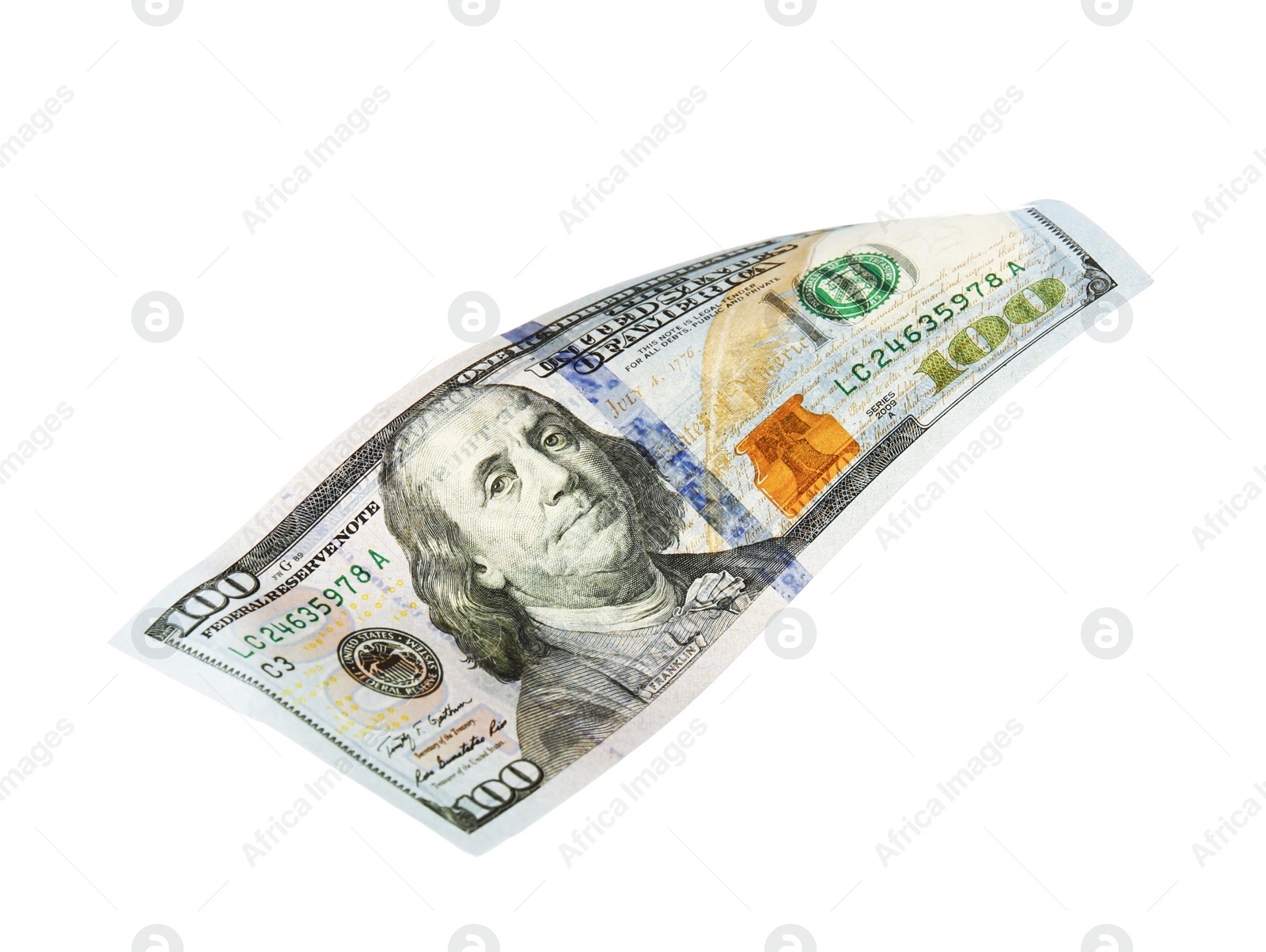 Photo of One hundred dollar banknote on white background. American national currency