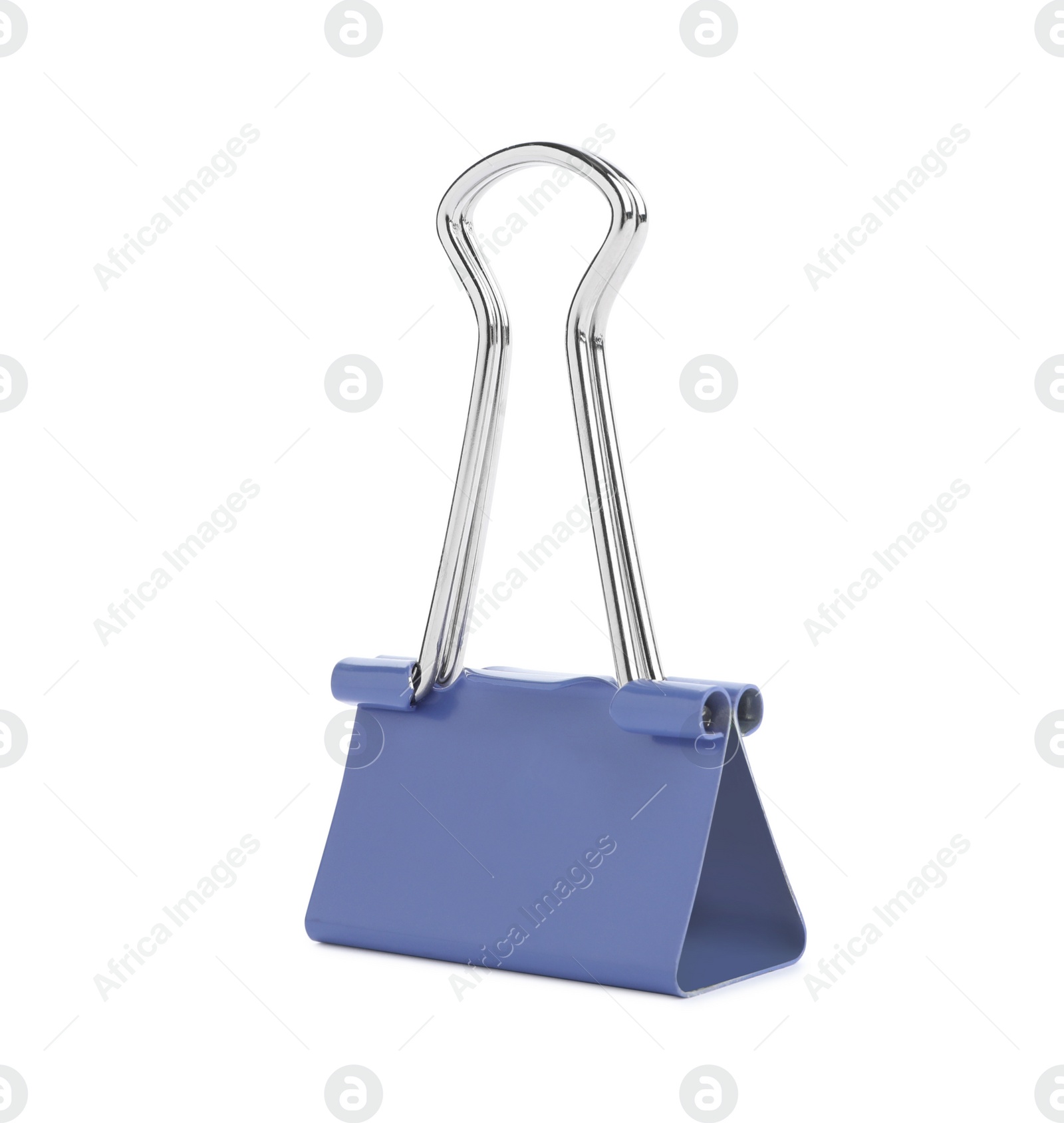 Photo of Blue binder clip isolated on white. Stationery item