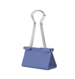 Photo of Blue binder clip isolated on white. Stationery item