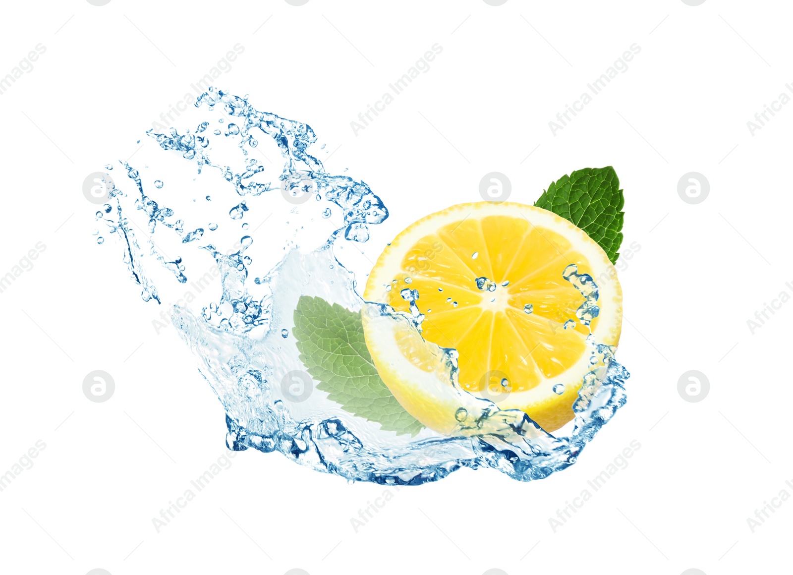 Image of Fresh ripe lemon, mint and splashing water on white background