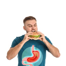 Image of Improper nutrition can lead to heartburn or other gastrointestinal problems. Man eating burger on white background. Illustration of stomach with hot chili pepper as acid indigestion