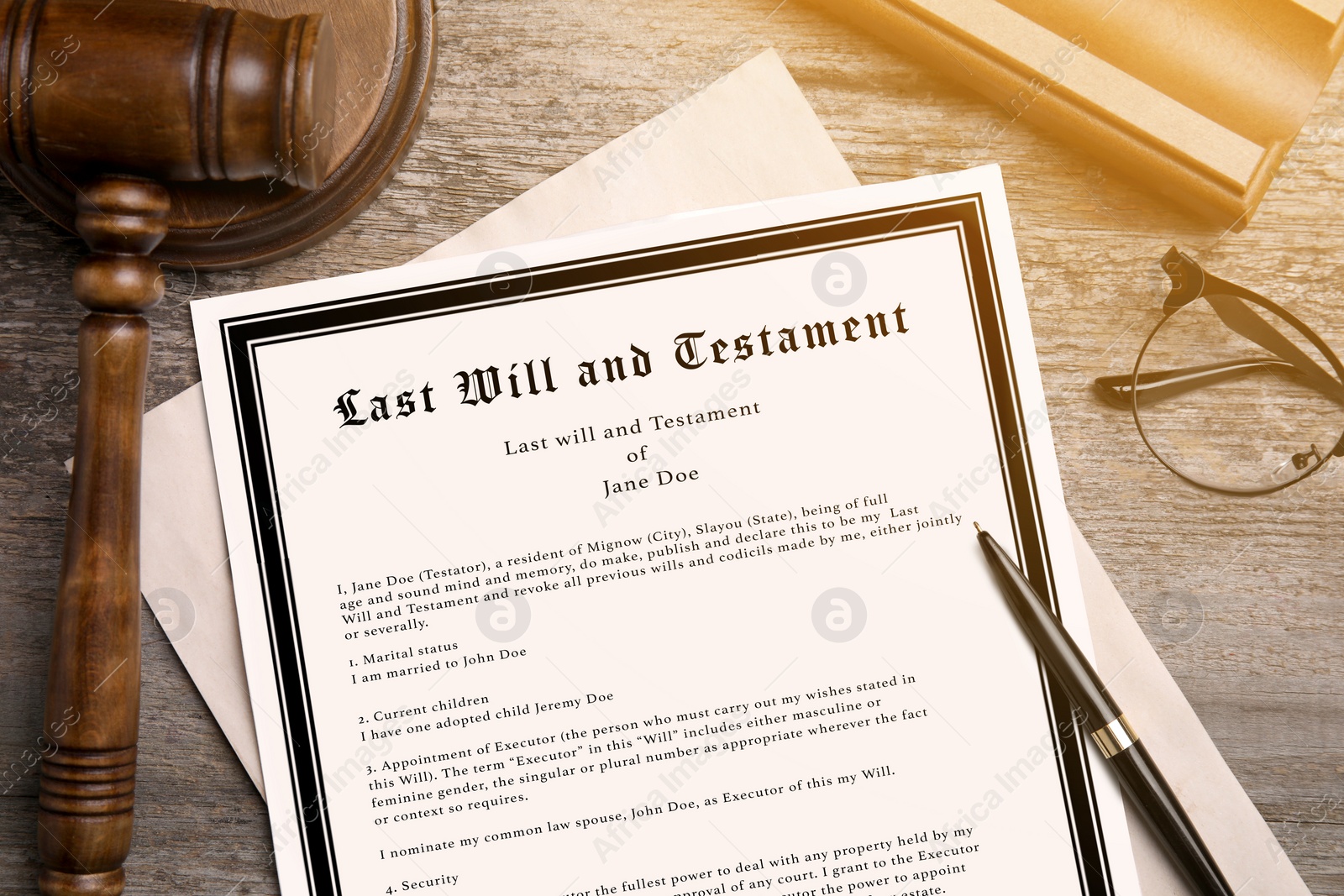 Image of Last Will and Testament, pen, gavel and glasses on wooden table, flat lay