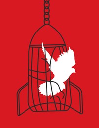 Prevent nuclear war. White dove as symbol of peace breaking out of atomic weapon shaped cage on red background, illustration