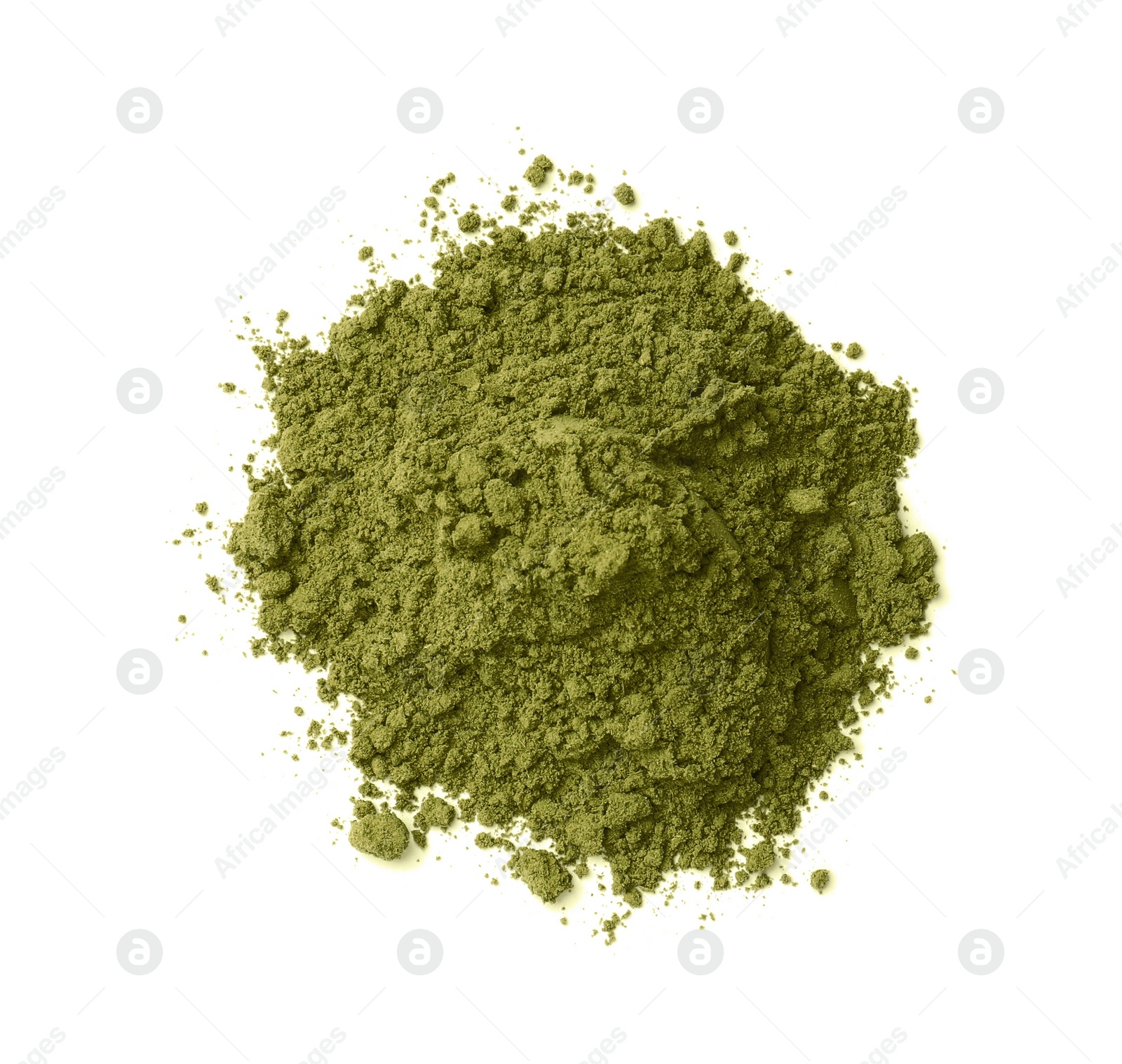 Photo of Heap of henna powder isolated on white, top view