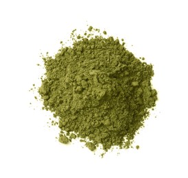 Photo of Heap of henna powder isolated on white, top view