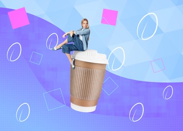 Coffee to go. Woman sitting on takeaway paper cup on color background, stylish artwork