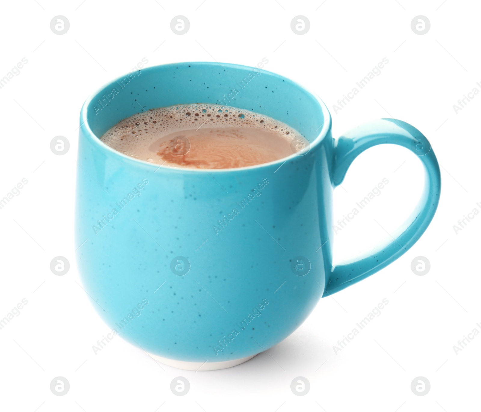 Photo of Mug with delicious hot cocoa drink on white background