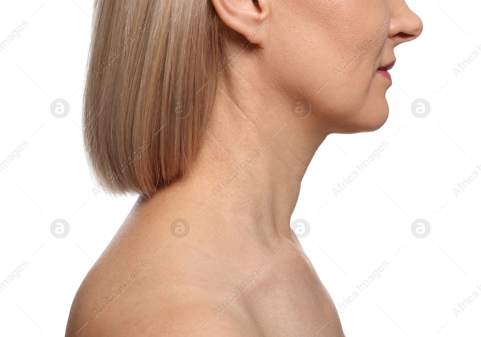 Photo of Woman with healthy skin on white background, closeup