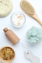 Photo of Bath accessories. Flat lay composition with personal care products on white background