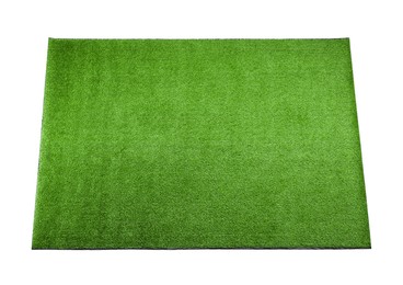 Photo of Green artificial grass carpet isolated on white, above view