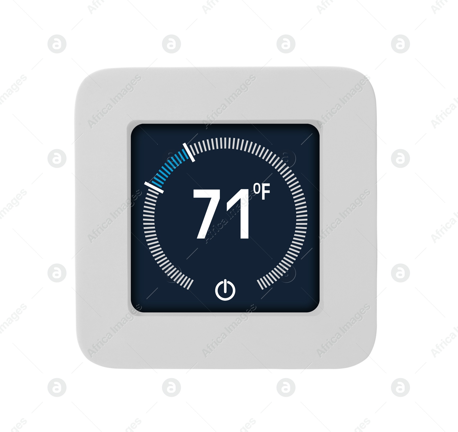 Image of Thermostat displaying temperature in Fahrenheit scale. Smart home device on white background