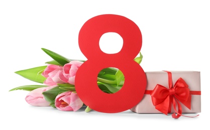 Photo of 8 March card design with tulips and gift on white background. International Women's Day