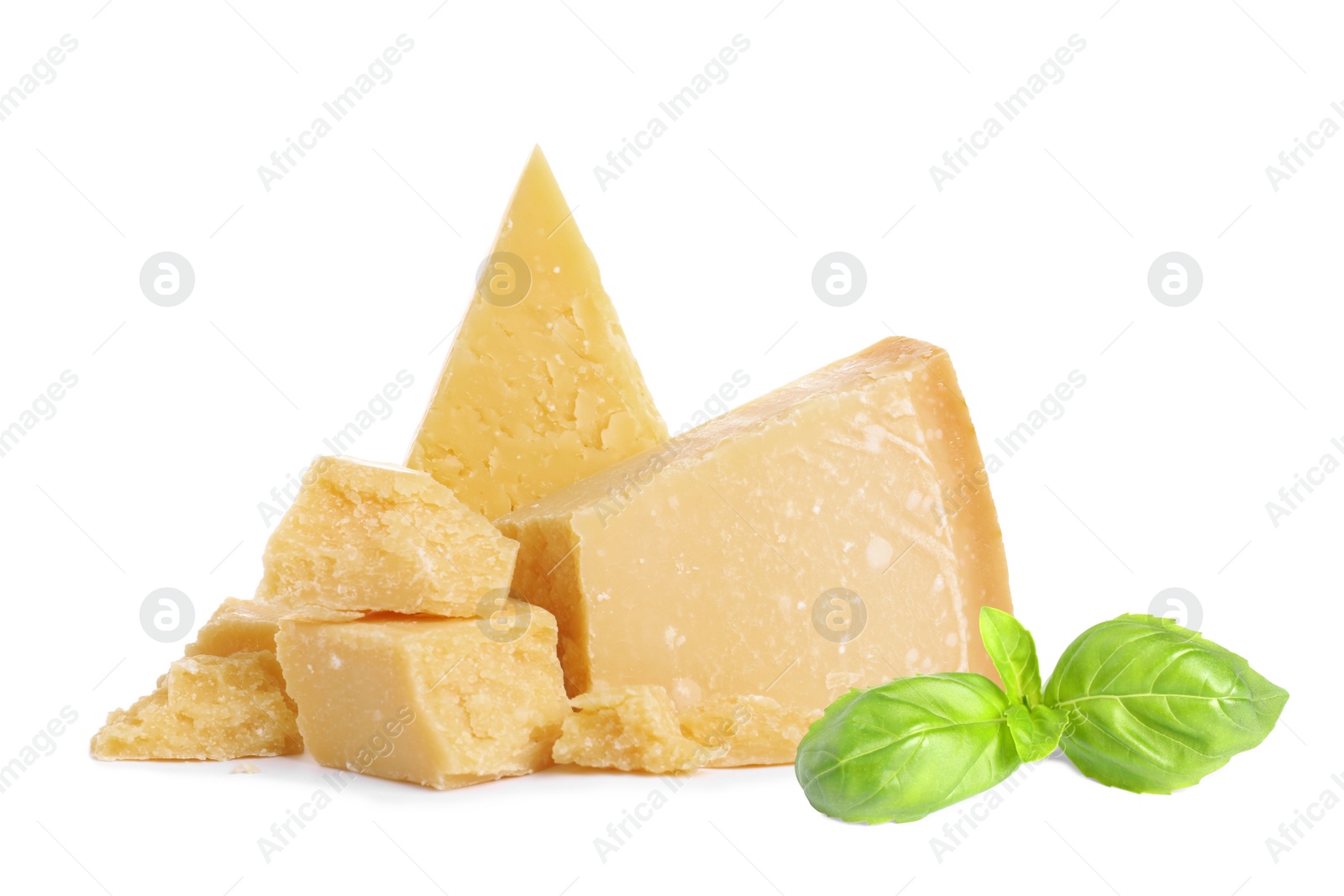 Image of Delicious parmesan cheese and basil on white background